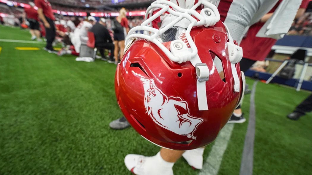 Football helmet of Arkansas fullback Kyle Thompson